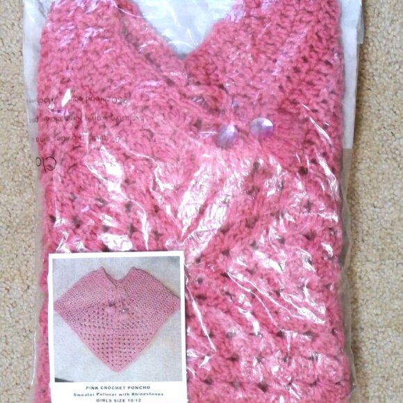 PINK CROCHET PONCHO Sweater Pullover with Rhinestones GIRLS SIZE 10/12 - Picture 4 of 4